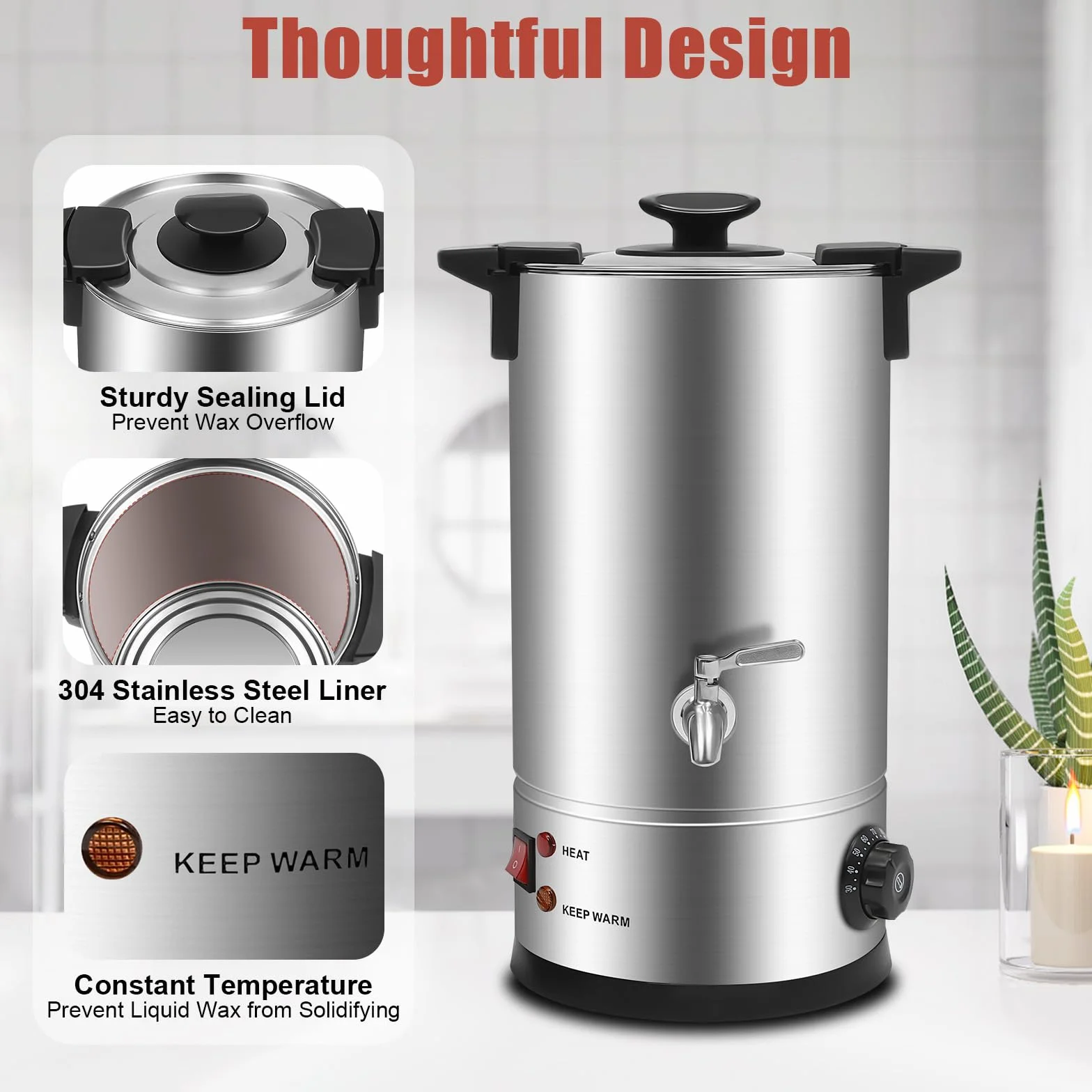 PUDLOR Olla de fusión de cera de 1800 W, 10 l, máquina de fusión de cera comercial grande 86 ℉-230 ℉ Temperatura Calefacción por suelo completo Termostato Interruptor de un botón para derretir