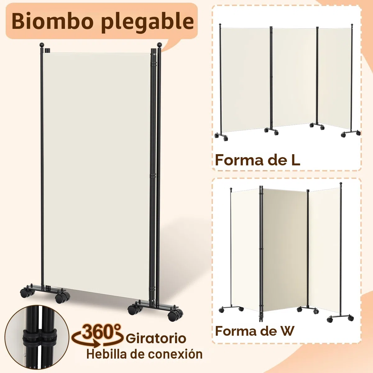 Ikodm Biombo para exterior con ruedas, 3 piezas, 263 x 181 cm, resistente a la intemperie, para exterior y oficina, color beige