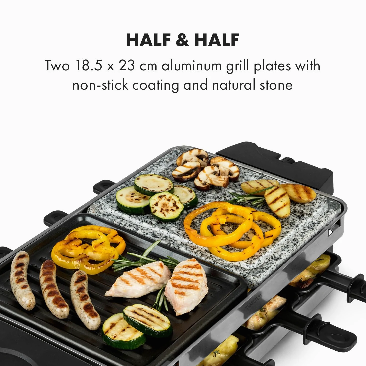 Klarstein Sirloin Grill para raclette, 1500 vatios, 2 en 1: placa de grill de aluminio y placa de piedra natural, Termostato regulable, para 8 personas, Sartenes de raclette de acero