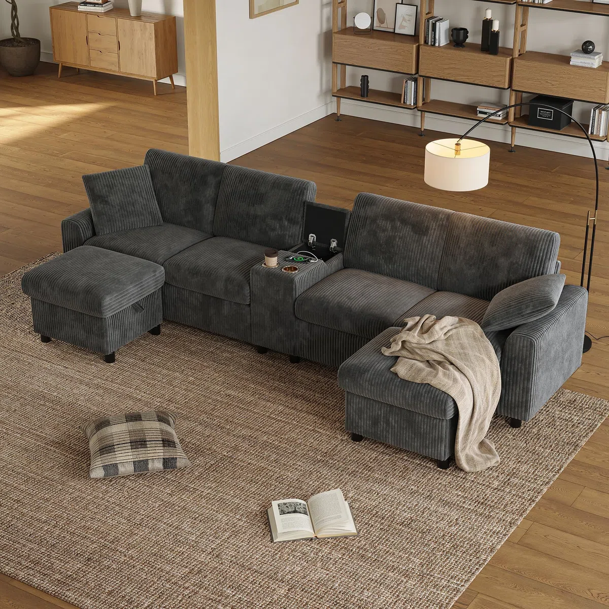 LAKFEW Sofa de 4 Plazas en U con USB C y 2 Reposapiés de Almacenaje, Sofas de Salon 4 Plazas con 2 Portavasos y 2 Cojines, Sofa Modular Rinconera, Couch, Pana, 315x135x81 cm, Gris