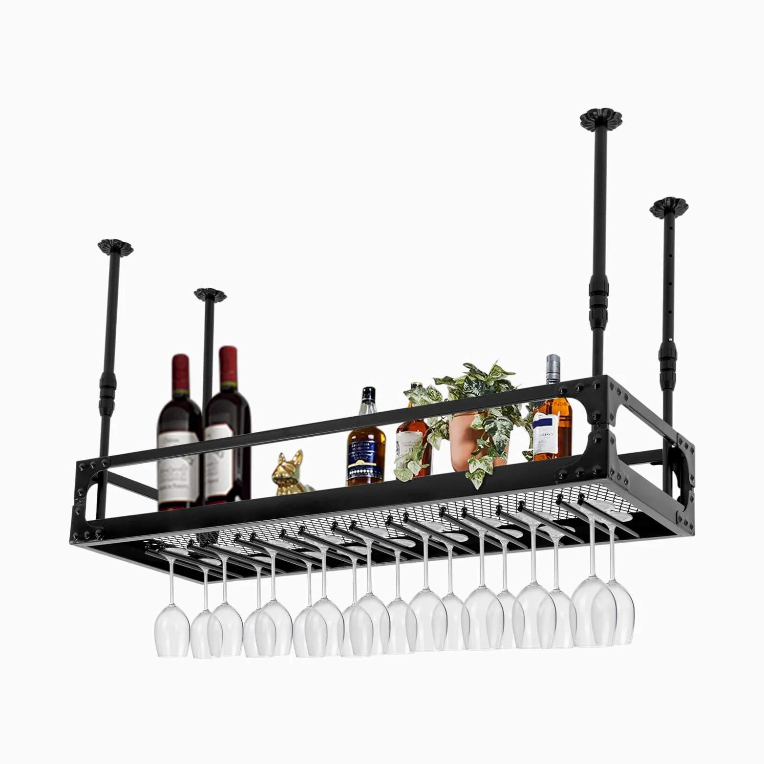 Estantería de Techo para Vino 100cm, Altura Ajustable, Estante Colgante Retro de Hierro, hasta 50 kg, Techo Industrial, Soporte para Copas de Vino, Soporte para Colgar (Negro)