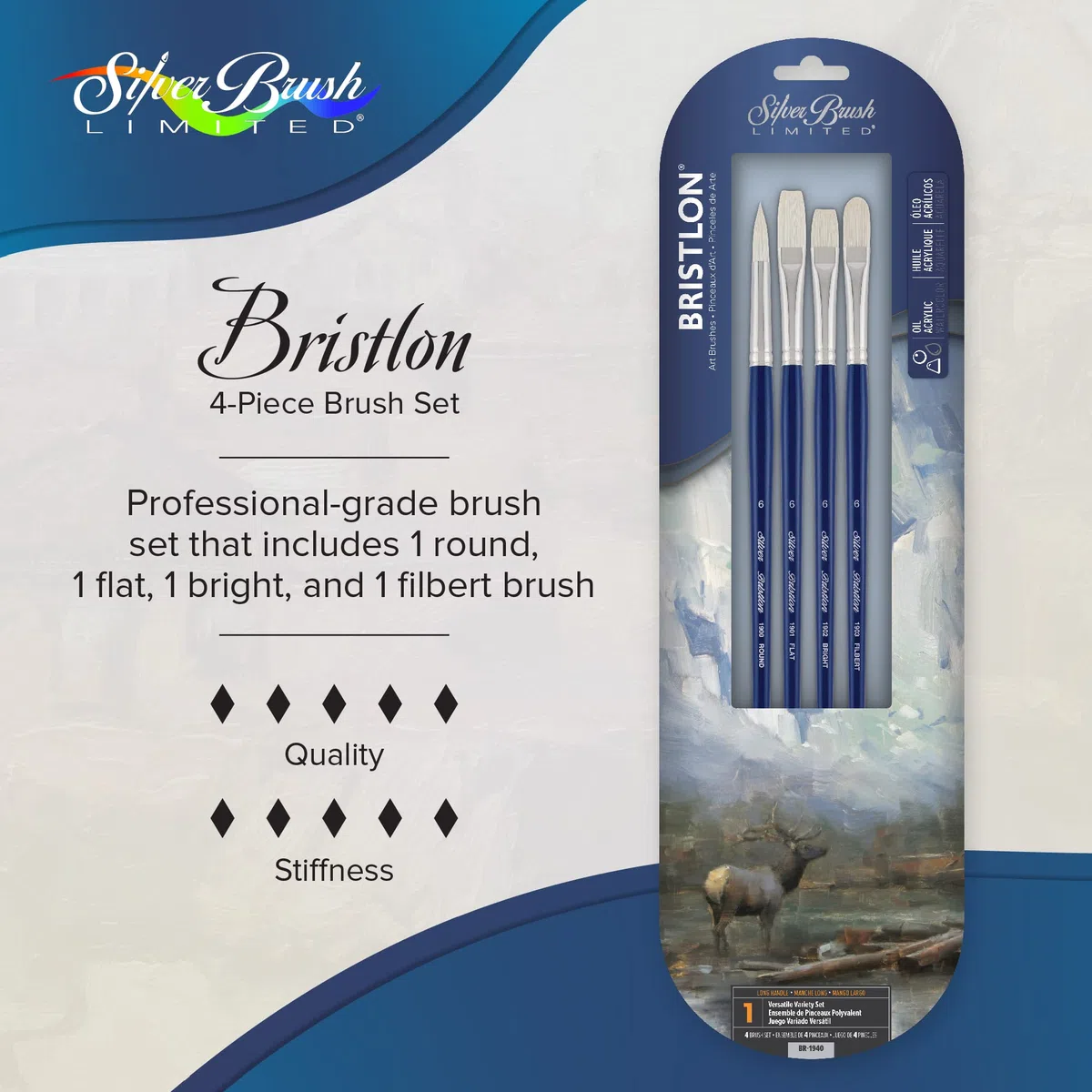 Silver Brush Limited Bristlon - Juego de 4 Pinceles para Pintura acrílica y óleo - Mango Largo