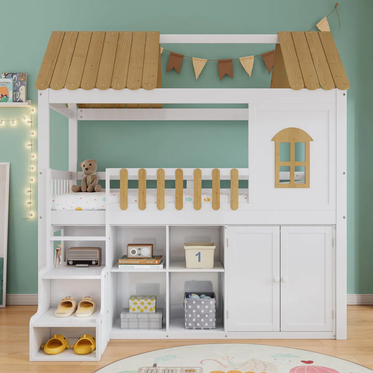 Cama alta de 90 x 200 cm, cuna con armario, cama de madera con ventana y zapatero, cama para niños y adolescentes (sin colchón) blanco+pino natural