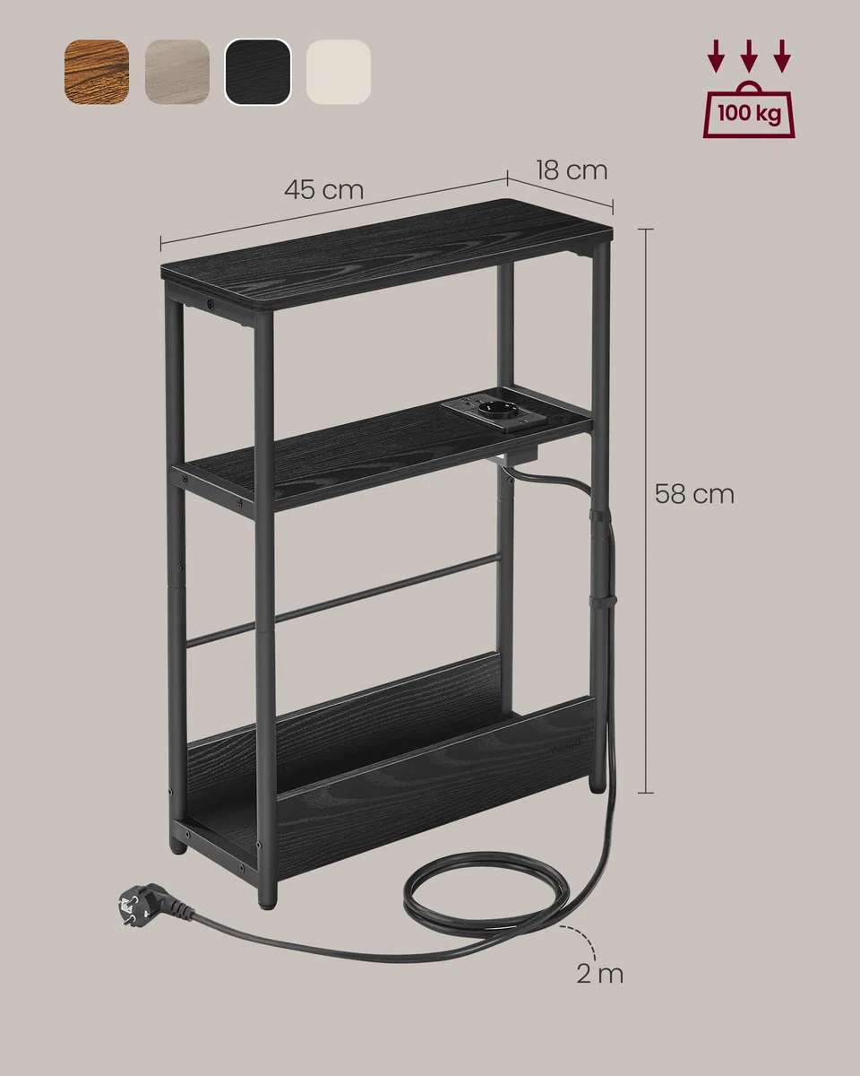 VASAGLE Mesa Auxiliar con Multienchufe, Mesita Estrecha con 3 Estantes, para Espacios Pequeños con Revistero, para Salón, Dormitorio, Estudio, Negro Ébano y Negro Tinta LET335B02