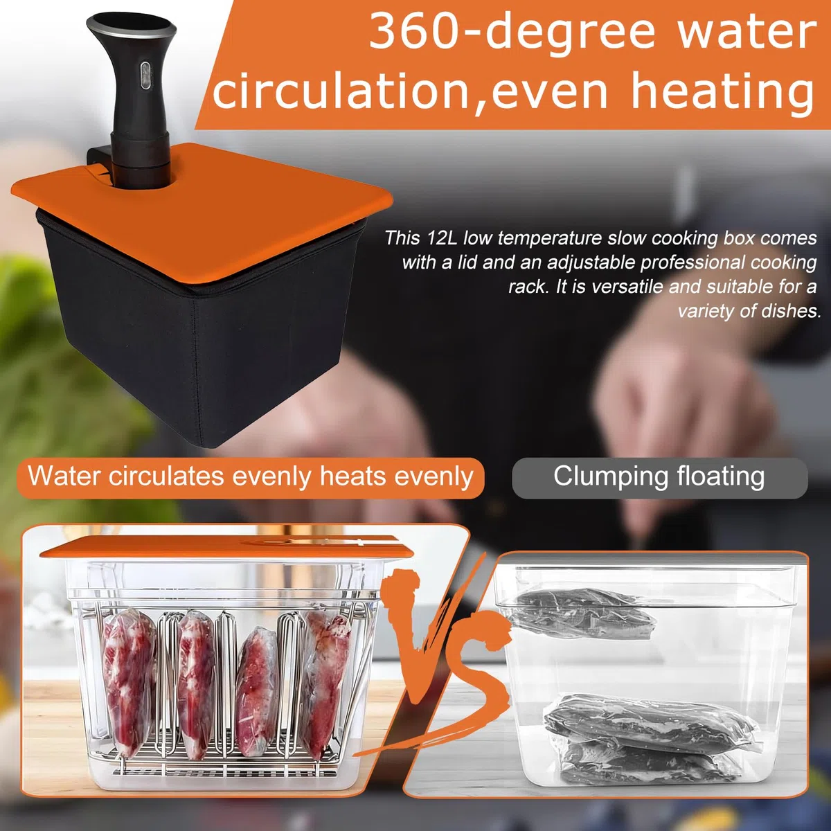 Recipiente 4 en 1 Sous Vide de 12 L con tapa de silicona, rack y manga aislada, contenedor de herramientas Sous Vide, recipiente de cocción lenta, recipiente transparente multifuncional (sin BPA