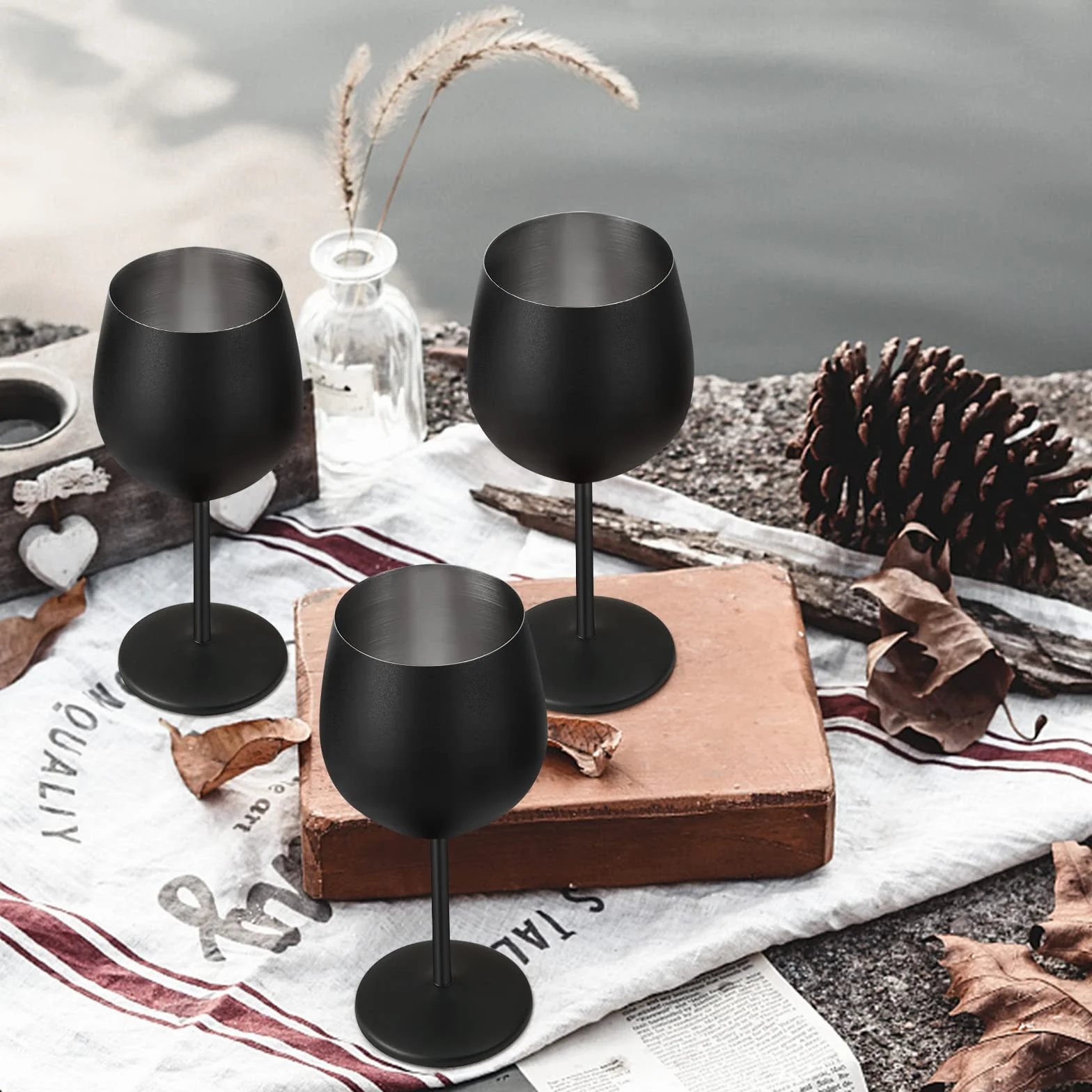 Lifecapido Juego de 4 copas de vino de acero inoxidable, copas de vino de acero inoxidable de 18 onzas con cepillo para tazas, copas de vino de metal con tallo para fiesta, oficina, boda, aniversario,