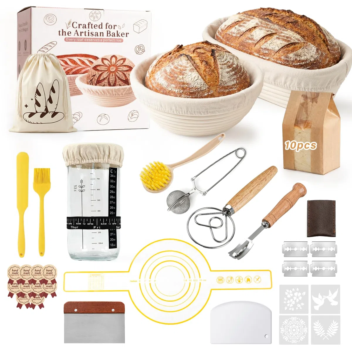 Banetones Para Pan, Cesta de Fermentación Pan de Redondo 23cm y Ovalado 25cm, Kit Completo Tarro de Masa Madre 900ml, Traje De Pan Fermentado De Agrio para Principiantes y Experimentados