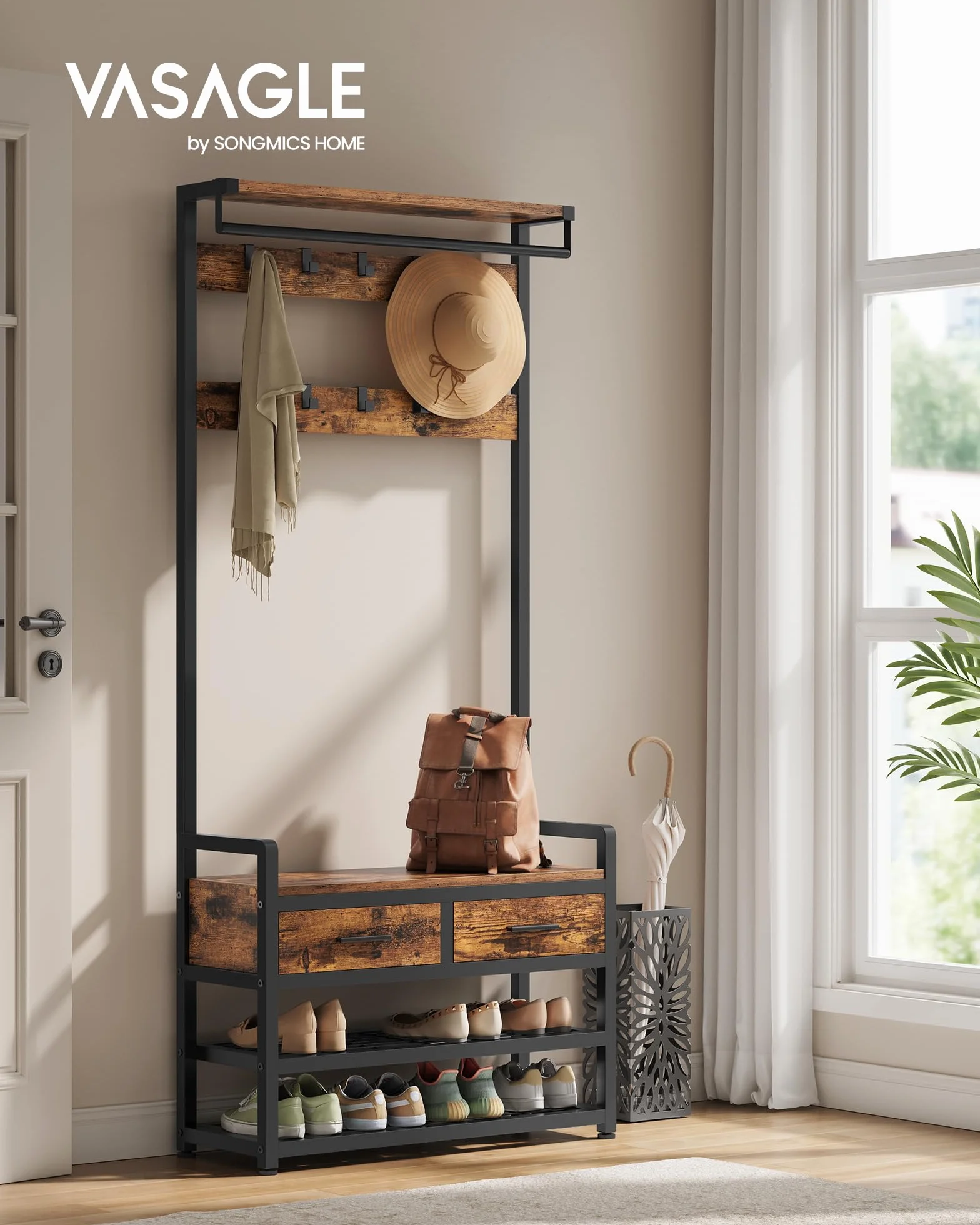 VASAGLE Perchero Recibidor, Mueble de Entrada con 10 Ganchos Extraíbles, 2 Cajones, Banco Zapatero, Diseño Separable, 30 x 80,4 x 181,6 cm, Marrón Rústico y Negro Tinta HSR429B01