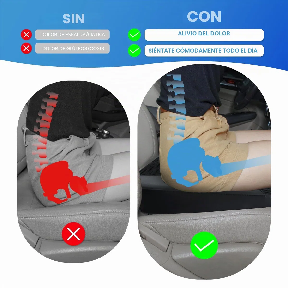 Cojín de asiento de coche: cómodo cojín de espuma viscoelástica para conducir, para aliviar el dolor de ciática, tailobone, cojín de asiento para coche, camión, oficina, silla de ruedas, cuero negro y