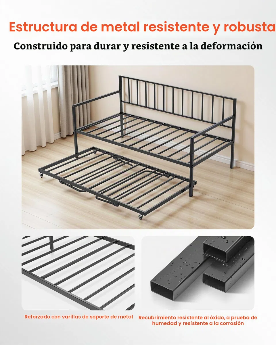 VEVOR Estructura de Sofá Cama de Metal 196x98x96,5 cm Marco de Cama de Día con Estación de Carga LED Carga de 181,44 kg para Apartamento, Sala de Estar, Dormitorio, Habitación de Invitados, Negro