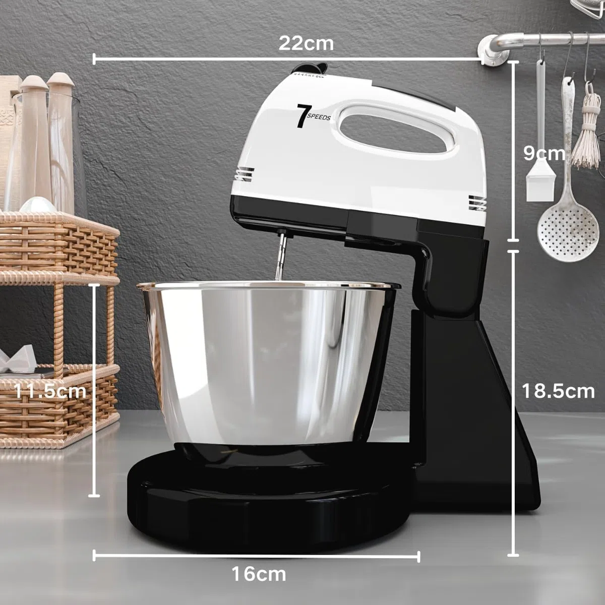 Batidoras de pie, 7 velocidades con cuenco de acero inoxidable de 3 cuartos de galón, batidora de mano con gancho de masa, batidor, batidor de mezcla para hornear, pasteles, galletas, amasar (plata)
