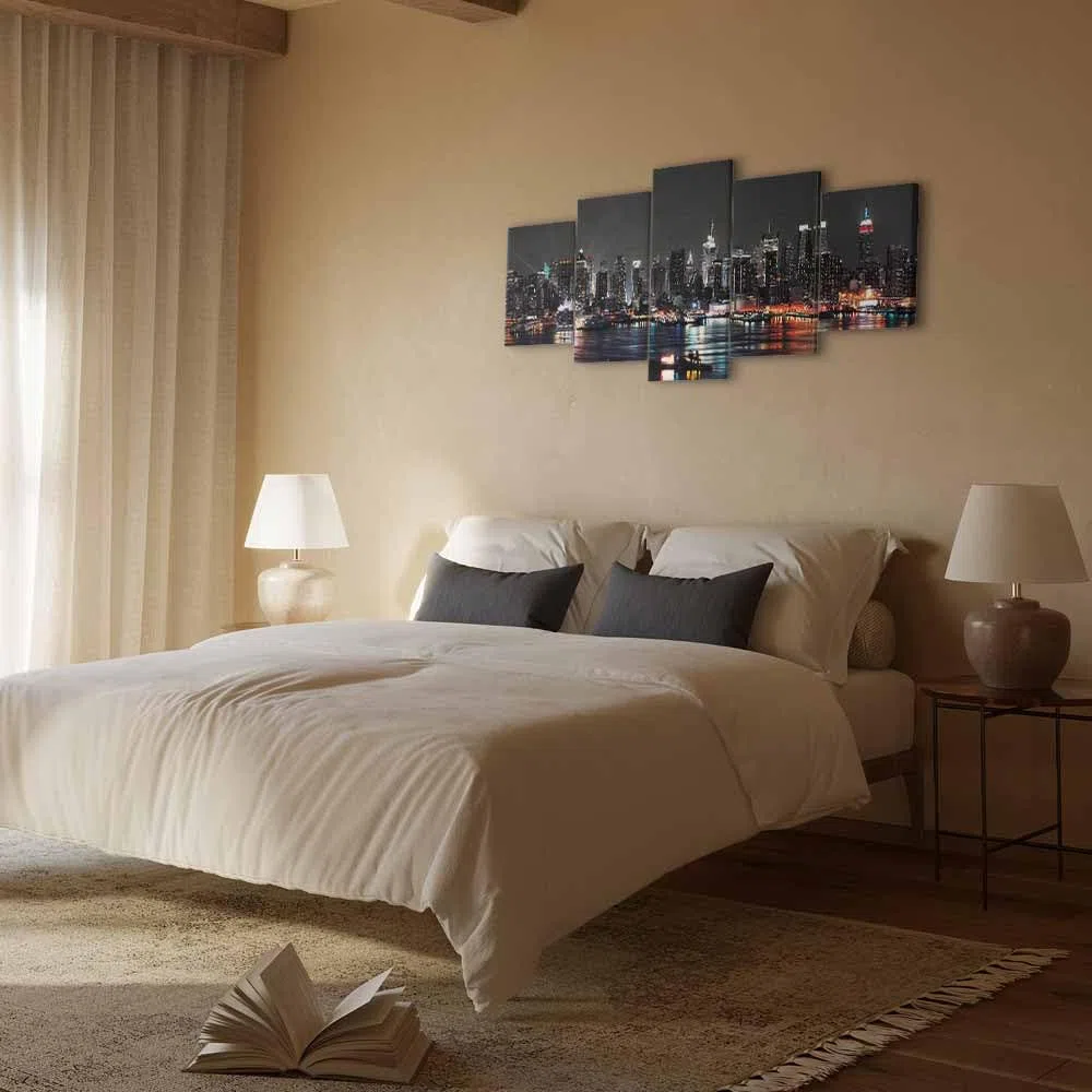 Cuadros B&D XXL - Cuadro en Lienzo New York City 225x112 cm Impresión de 5 Piezas Material no Tejido decorativo Cuadros Grandes Para Dormitorios Impresión de Pared Noche Nueva York d-A-0022-b-n