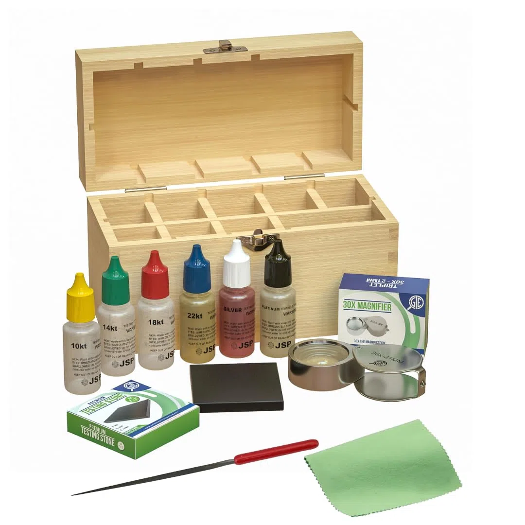 GTE Kit de prueba de joyas de metales preciosos, oro, plata, platino, ácidos, caja de madera, 30 lupas, 10 K, 14 K, 18 K, 24 quilates, aguja, lima, tela, ácido
