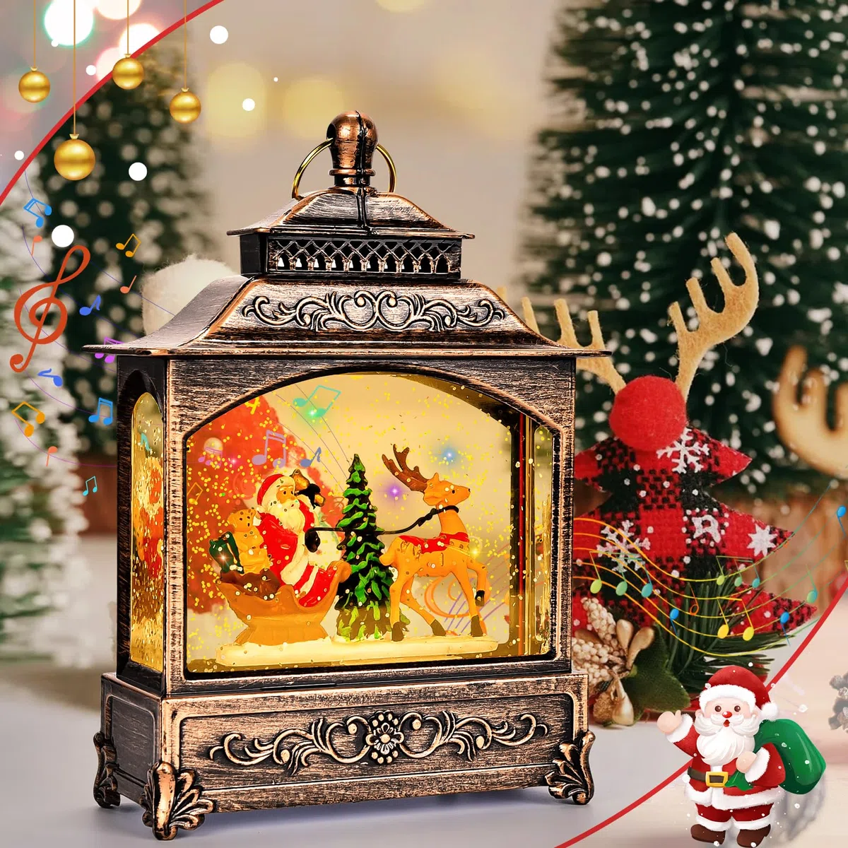 Joellfuner Globos de Nieve Navideños Musicales, Bola de Navidad con Nieve, Farolillo Navidad, con Brillo de AguaLuz de Noche, Decoraciones Navideña de Papá Noel Regalos Adornos (B3)
