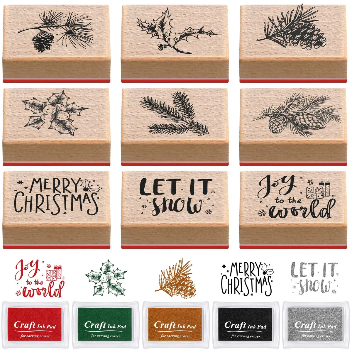 Watersay Juego de 14 sellos de goma de Navidad y almohadillas de tinta para manualidades, 9 sellos de goma de Navidad de madera, 5 almohadillas de tinta para manualidades, tarjetas de bricolaje y