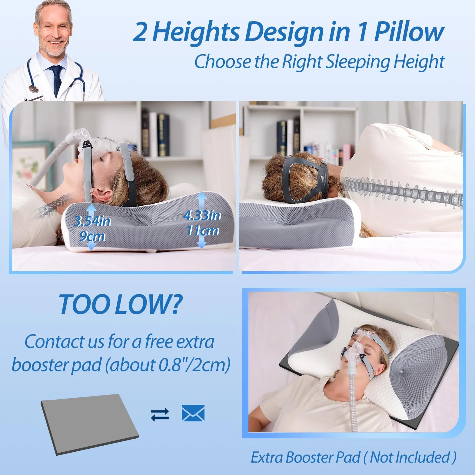 HOMCA Almohada CPAP, Almohada Ortopédica Ergonómicade Espuma Viscoelástica para Todas Las Mascarillas CPAP Que Reduce la Presión de la Mascarilla y Las Fugas de Aire, 65x40x9/11 cm