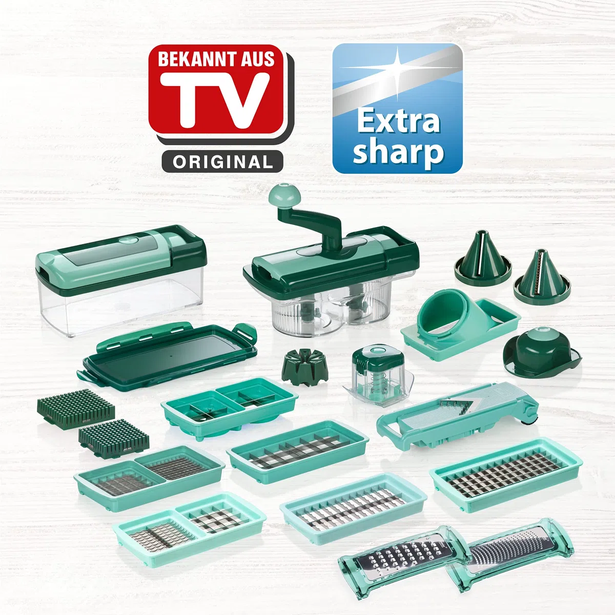 Genius Nicer Dicer Fusion Smart Set 28 piezas + Twist – Cortador de frutas y verduras, cortador de cebolla, cortador de tomates manual