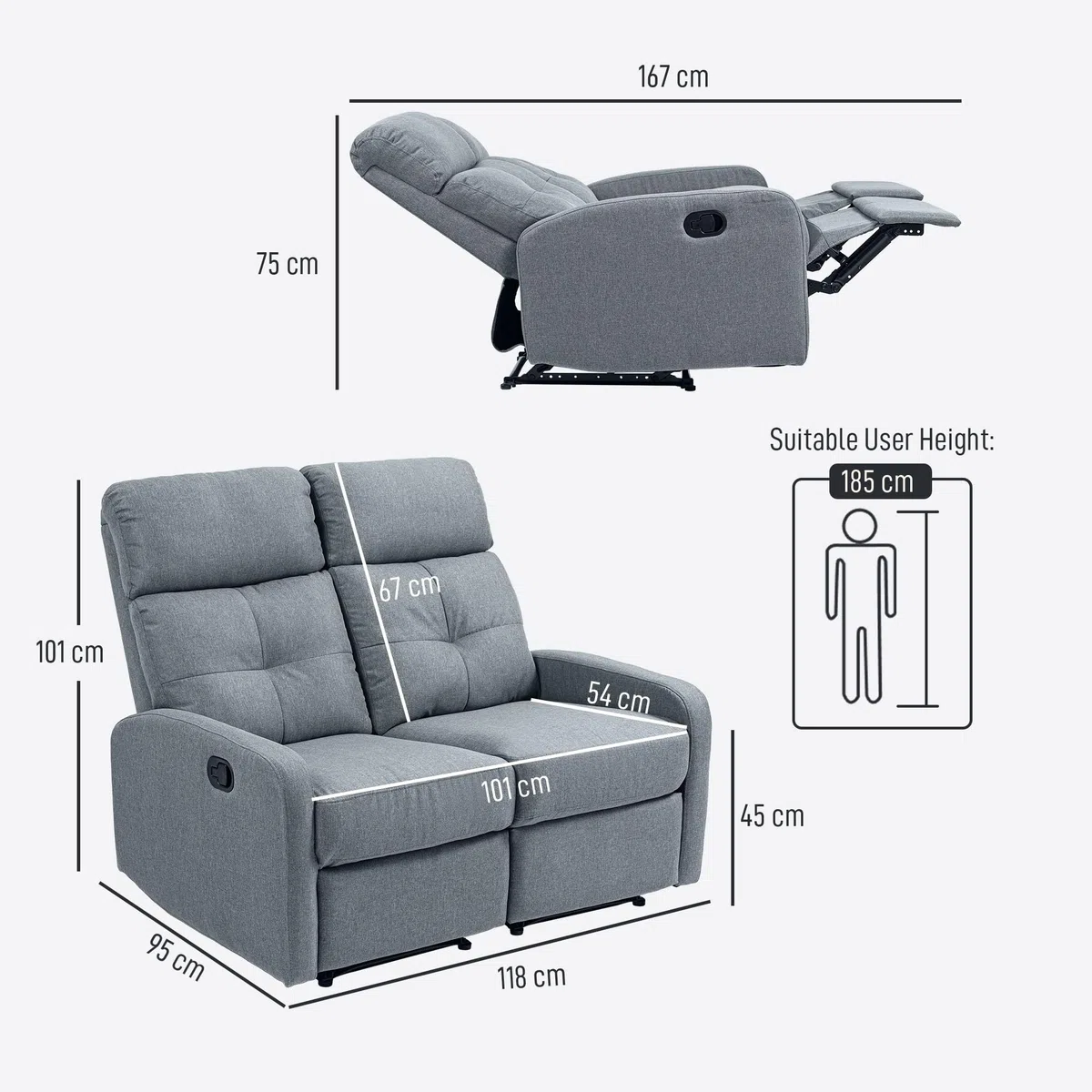 HOMCOM Sofá de 2 Plazas Reclinable Manual Sofá Relax 118x95x101 cm Gris | Tapizado en Lino,Respaldo Ajustable por Separado,Reposapiés,Muelles Ensacados,Acolchado Grueso,Dormitorio,Salón