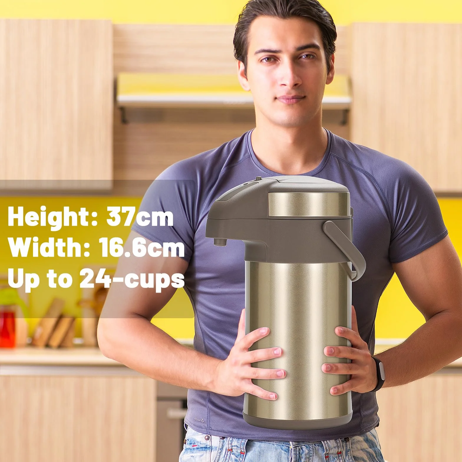 Jarras de bomba, termo dispensador de café, 4 litros, acero inoxidable de doble pared, jarra aislada al vacío con mecanismo de bomba, cafetera, jarra para 24 tazas (dorado)