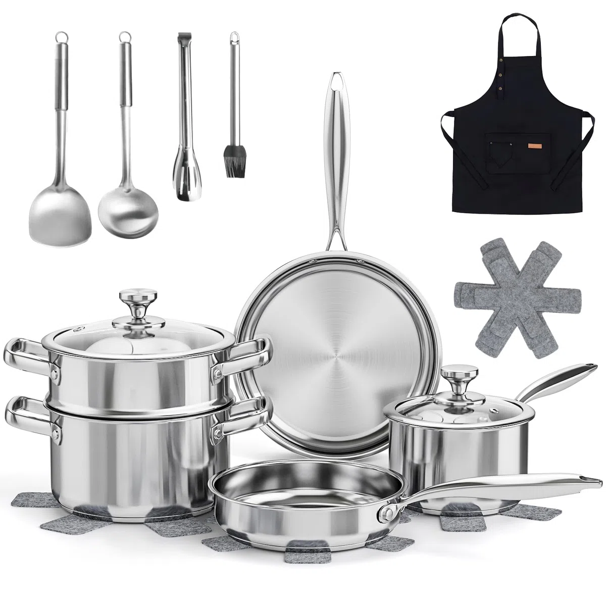 Juego de 16 piezas de ollas de acero inoxidable, juego de ollas y sartenes de inducción con vaporizador y tapas de cristal, juego de utensilios de cocina con protectores para ollas y delantal