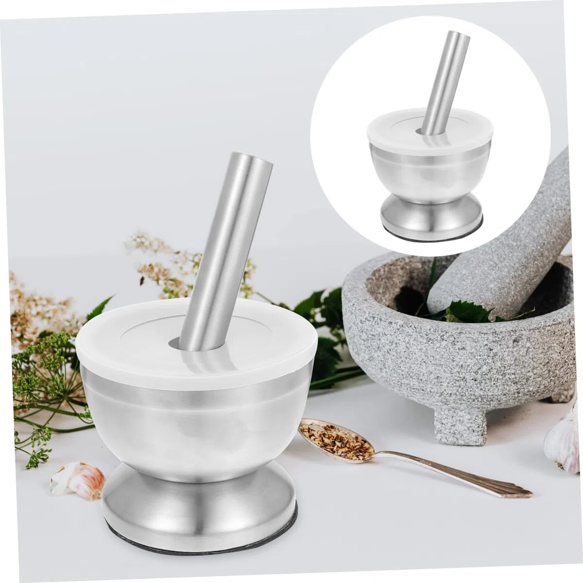 Machacador de Ajo de Acero Inoxidable Plata, 1 Juego | Base Estable para Evitar Derrames, Tritura Especias y Frutos Secos, Adecuado para Inauguración y Navidad