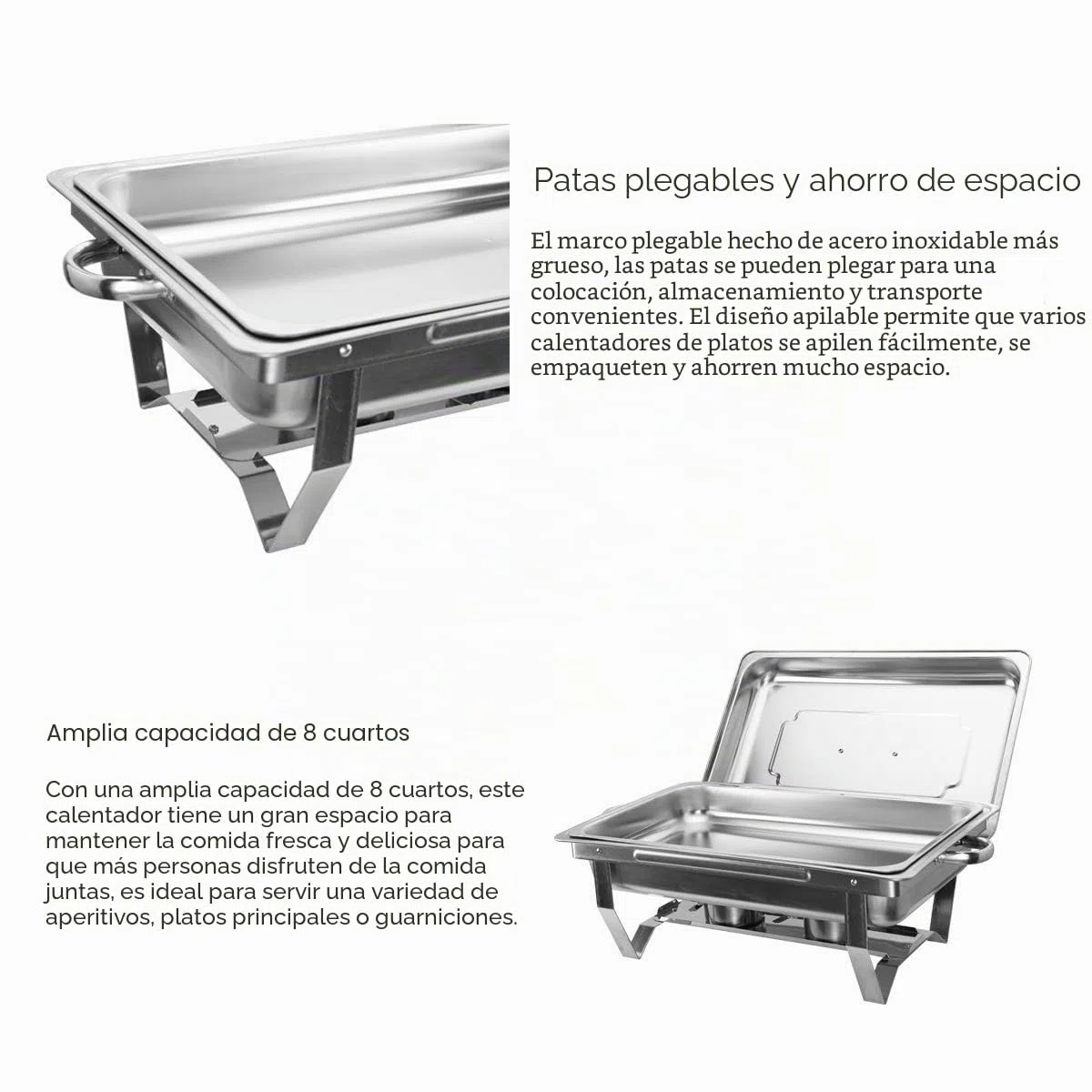 VONLUCE 4 Platos de Frotamiento 9L/8Q de Acero Inoxidable Calentador de Buffet Plegable Calentador de Comida con Bandeja de Agua, Bandeja de Comida y Tapa para Fiesta, Banquete, Bufé (4)