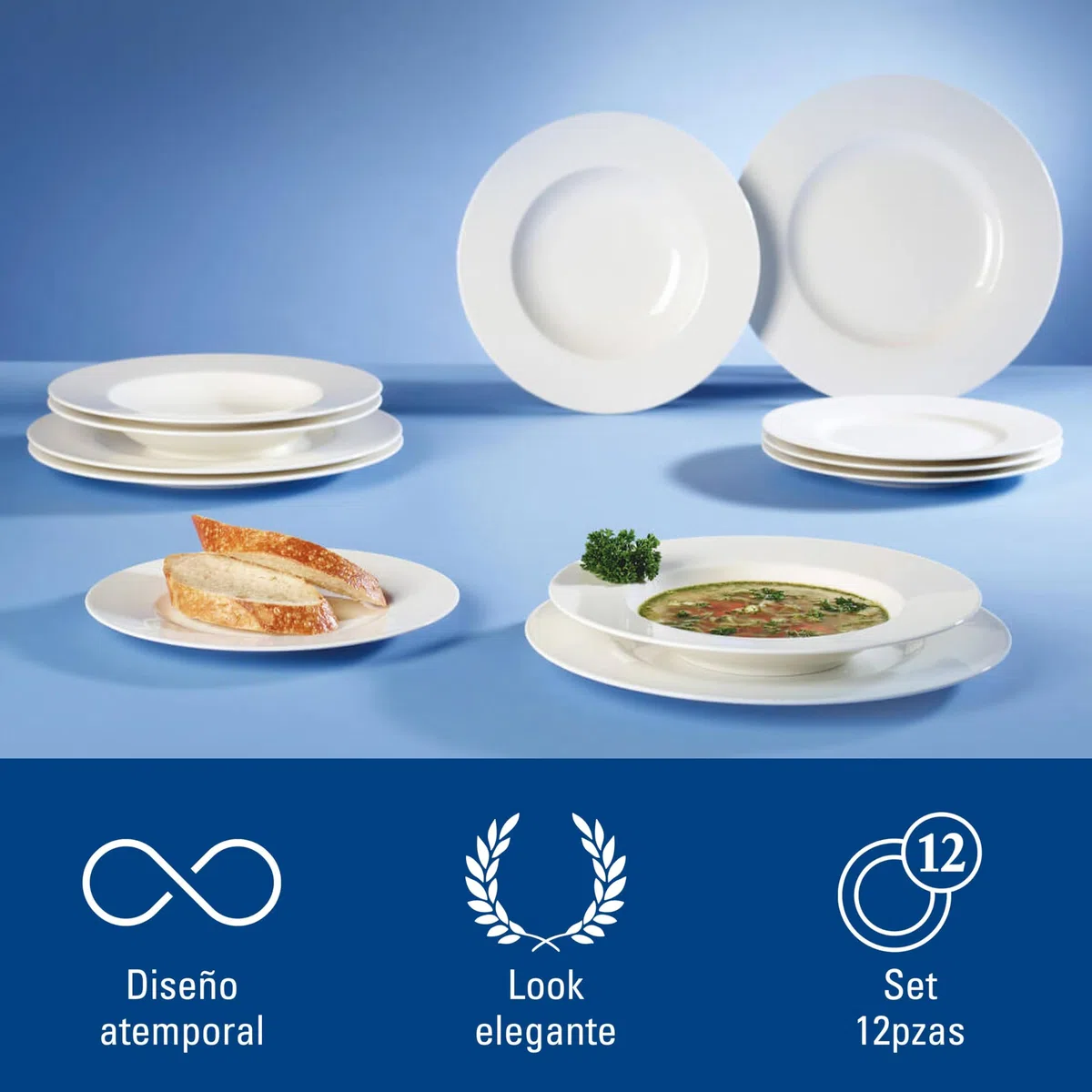 Villeroy & Boch - Wonderful World Set de Cena 12 Piezas para 4 Personas Blanco, Apto para Lavavajillas, Apto para Microondas, Platos de Cerámica, Vajilla Blanca, Porcelana Premium