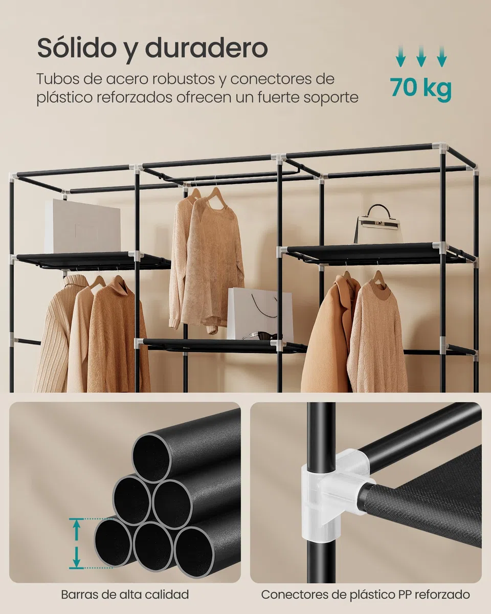 SONGMICS Armario de Ropa de Tela para Dormitorio, Armario Portátil con Barras para Colgar, Baldas y Bolsillos Laterales, Gran Capacidad, 4 Zonas para Colgar Ropa, 45 x 189 x 180 cm, Negro RYG011BZ02