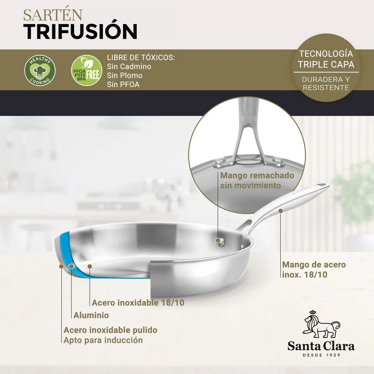 Santa Clara | Juego de Sartenes Acero Inoxidable 18/10 Trifusión 20-26-30 cm, Set de 3 Piezas Sin Revestimiento, Apta para Inducción, Horno, Gas y Vitro, Cocina Saludable y Libre de Tóxicos