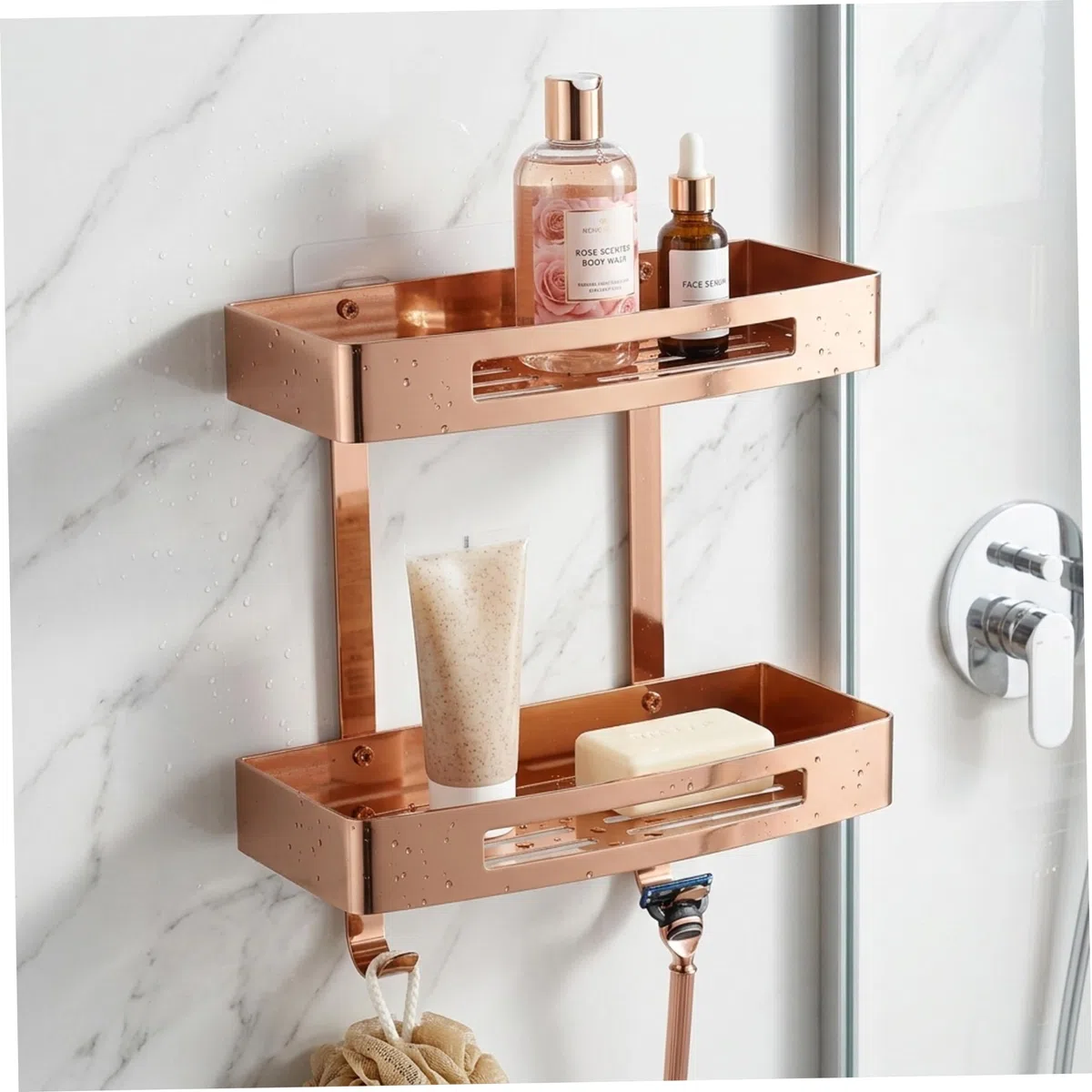 Estante de pared para baño, carrito de ducha de doble nivel, estante de esquina de baño adhesivo de acero inoxidable 304, organizador de pared sin taladro con ganchos, oro rosa, adhesivo, para