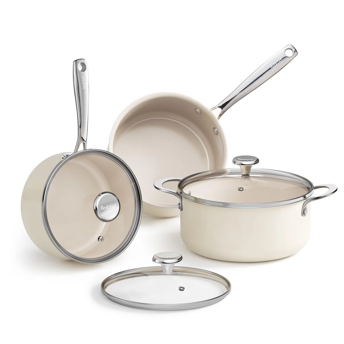 Redchef Juego de ollas de cerámica, 6 piezas para inducción, con tapa de cristal, cacerola de 24 cm, cacerola de 18 cm, 20 cm, apta para todo tipo de fuegos y hornos, apta para inducción (beige)