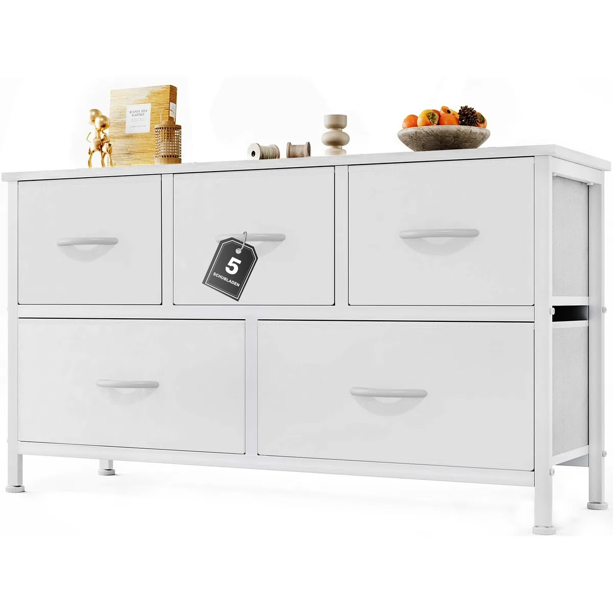 DUMOS Cómoda con cajones, cómoda y aparador para Dormitorio, Armario de 5 cajones, cómoda de Tela con Marco de Acero, Armario pequeño, Ideal para Pasillo, salón (Blanco)