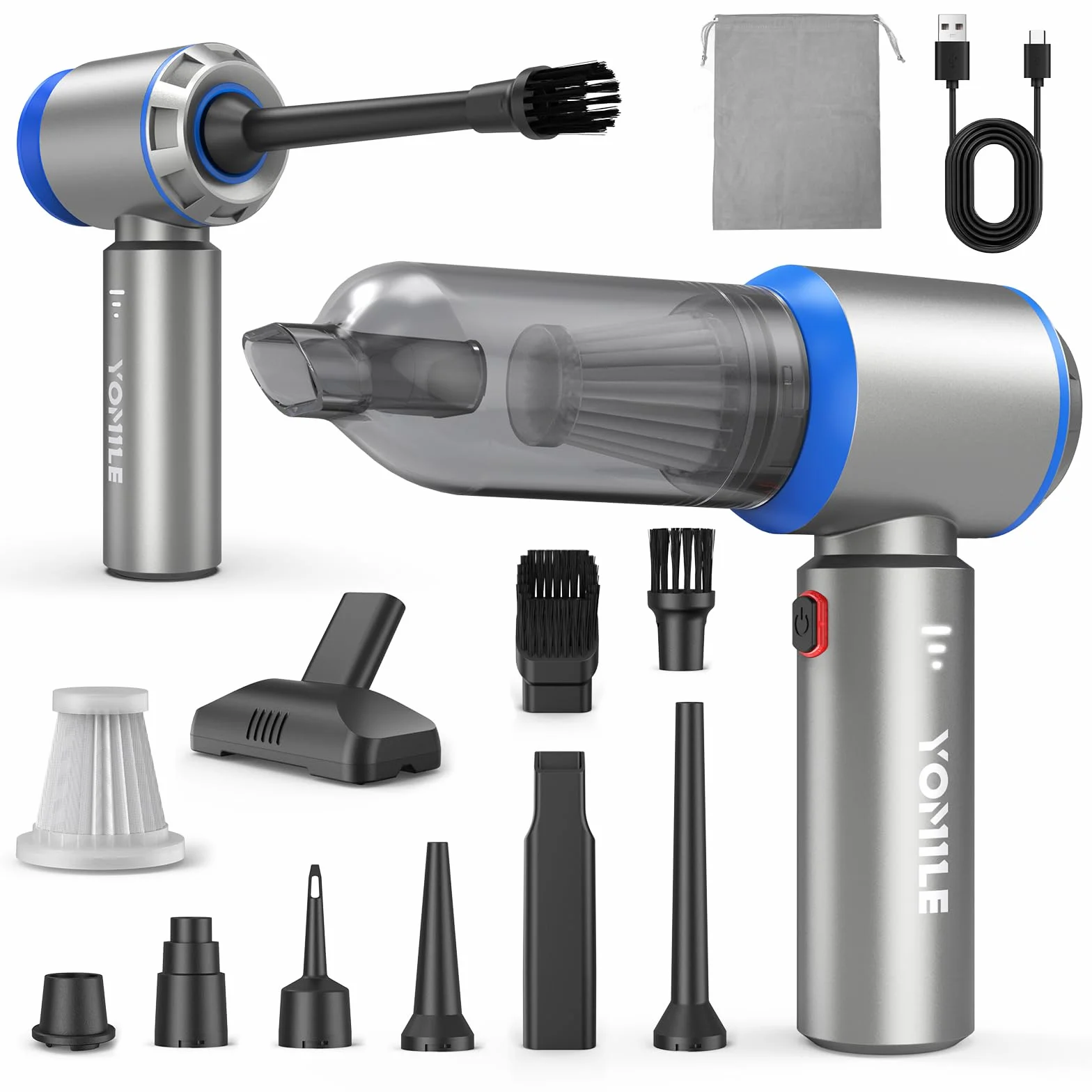 Yomile Aspirador de Mano, 27000Pa/120W, Aspiradora sin Cable Coche 4 en 1, Aspiradoras de Mano con Motor sin Escobillas de 250.000 RPM, para Coche/para Uso en la Oficina/la Cocina (L-us)