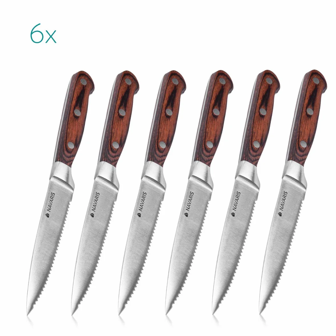 Navaris Set de Cuchillos para Carne - Juego de 6X Cuchillo de Acero Inoxidable con Mango de Madera - Cuchillos chuleteros con Filo de Sierra