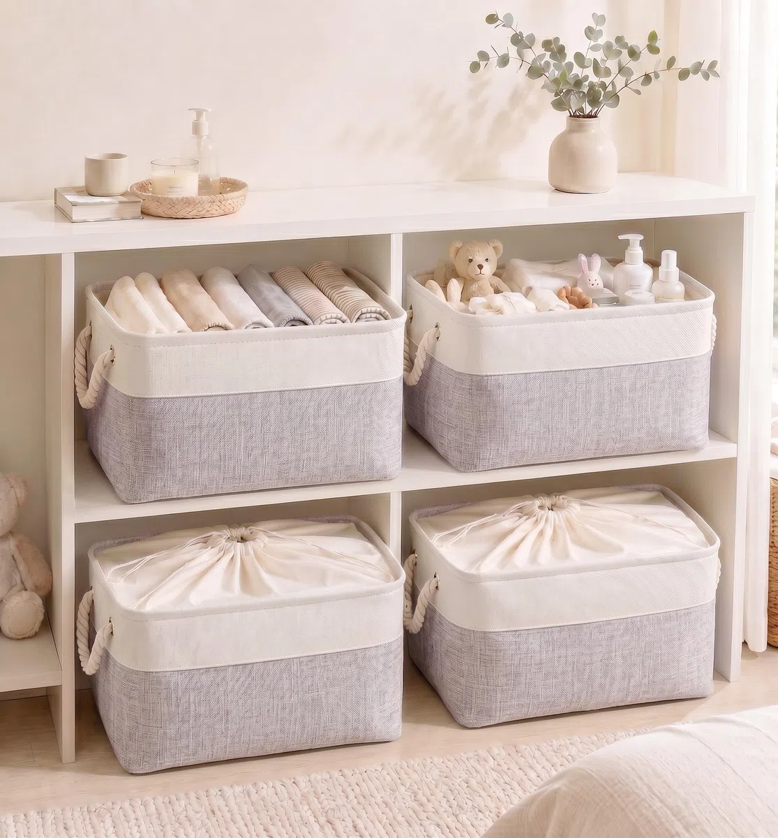 Mangata Juego de 4 cajas de almacenamiento XXL, canastas de almacenamiento de tela de lona con asas para armarios, armarios, estantes, baño, ropa, juguetes, toallas (50 x 40 x 30 cm, gris blanco)
