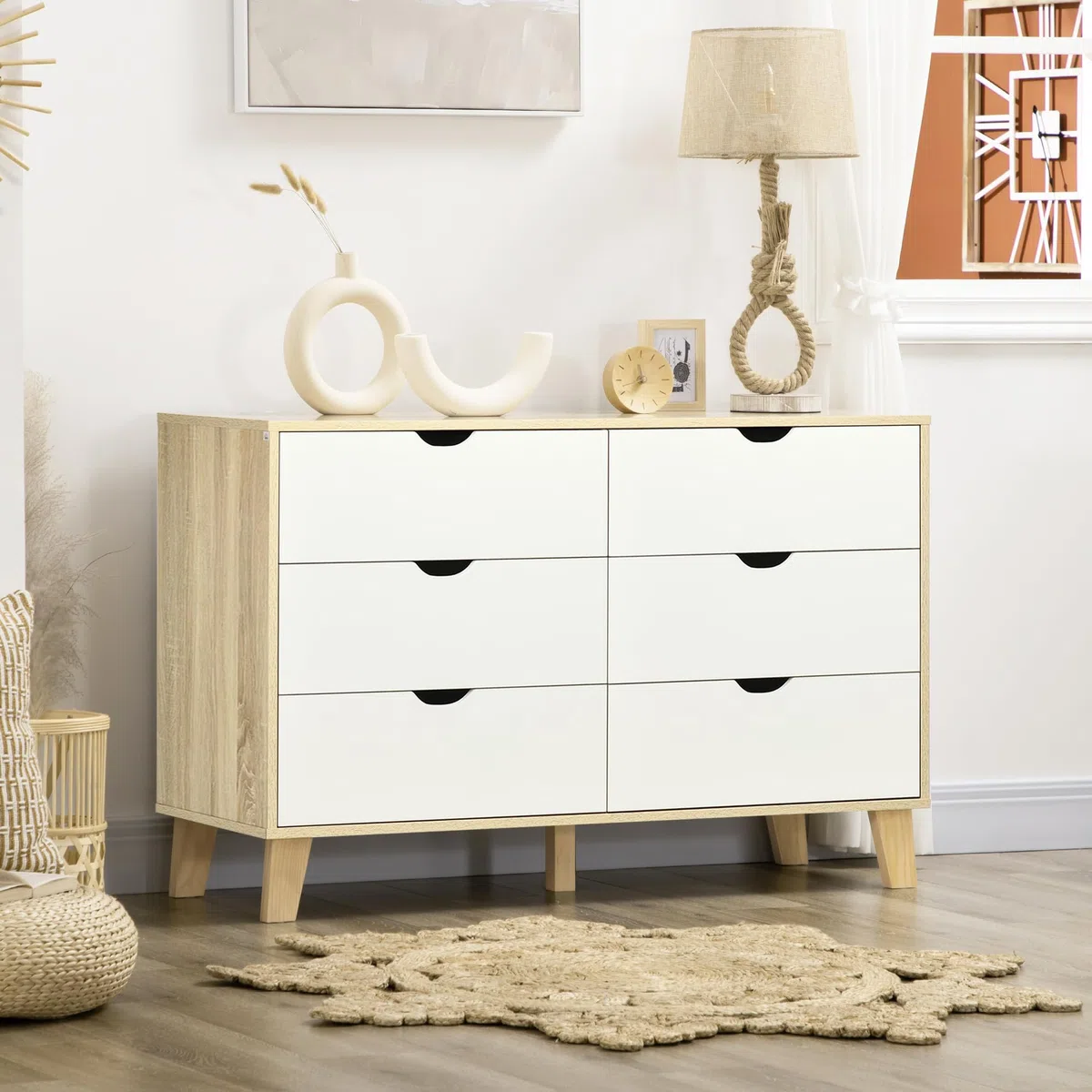 HOMCOM Cómoda con 6 Cajones Cajonera de Armario Mueble Organizador con Cajones para Cocina Dormitorio Salón Estudio Estilo Moderno Antivuelco 120x40x76 cm Natural y Blanco