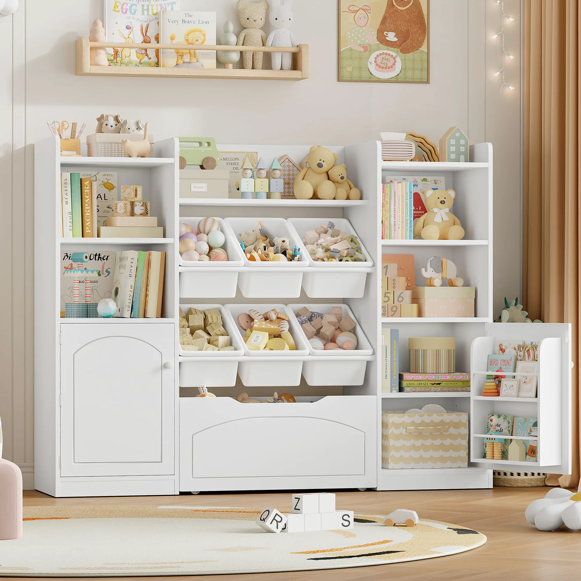 FOREHILL Mueble Almacenaje Juguetes, Organizador Juguetes, 6 Cajas, Blanco | Mueble Juguetes Organizador, 8 Compartimentos, 2 Estantes para Puertas, 1 Cajón Grande, 140.5x33x108.2cm