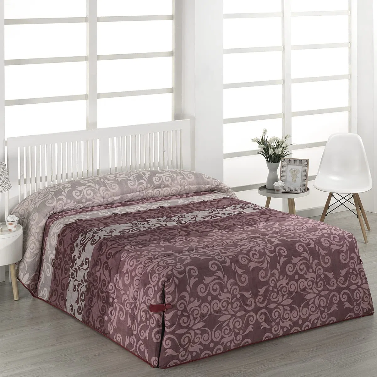 Lanovenanube Edredón conforter Catalina Cama 105 cm Malva algodón poliéster | 50% algodón y 50% poliéster. Franjas de color y filigranas. Cintas con botones de ajuste. No incluye cojín.