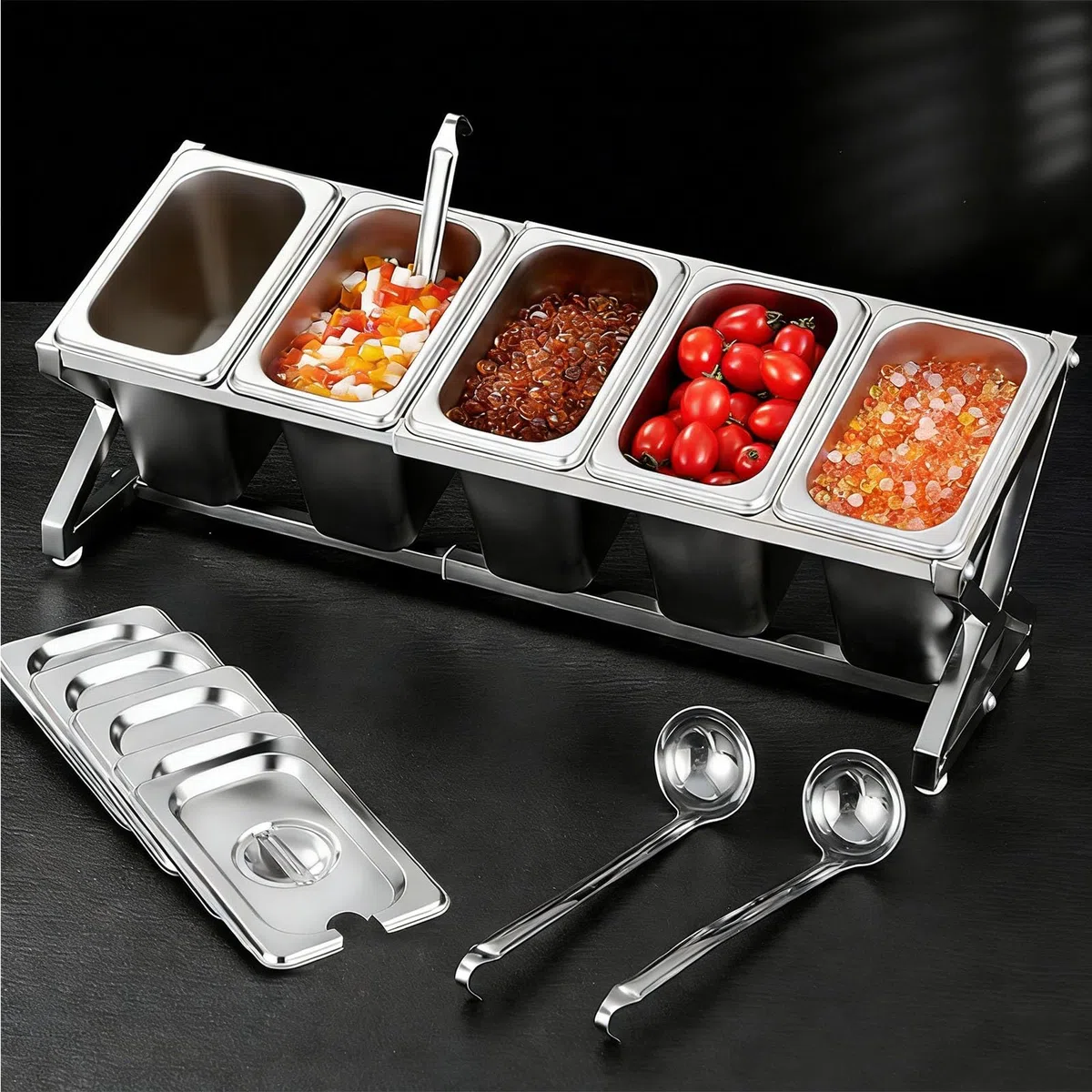 Estación de acero inoxidable para pizza con cuchara, organizador de condimentos con bandeja dispensadora de tapa, estante expandible para especias para salsas e ingredientes de frutas