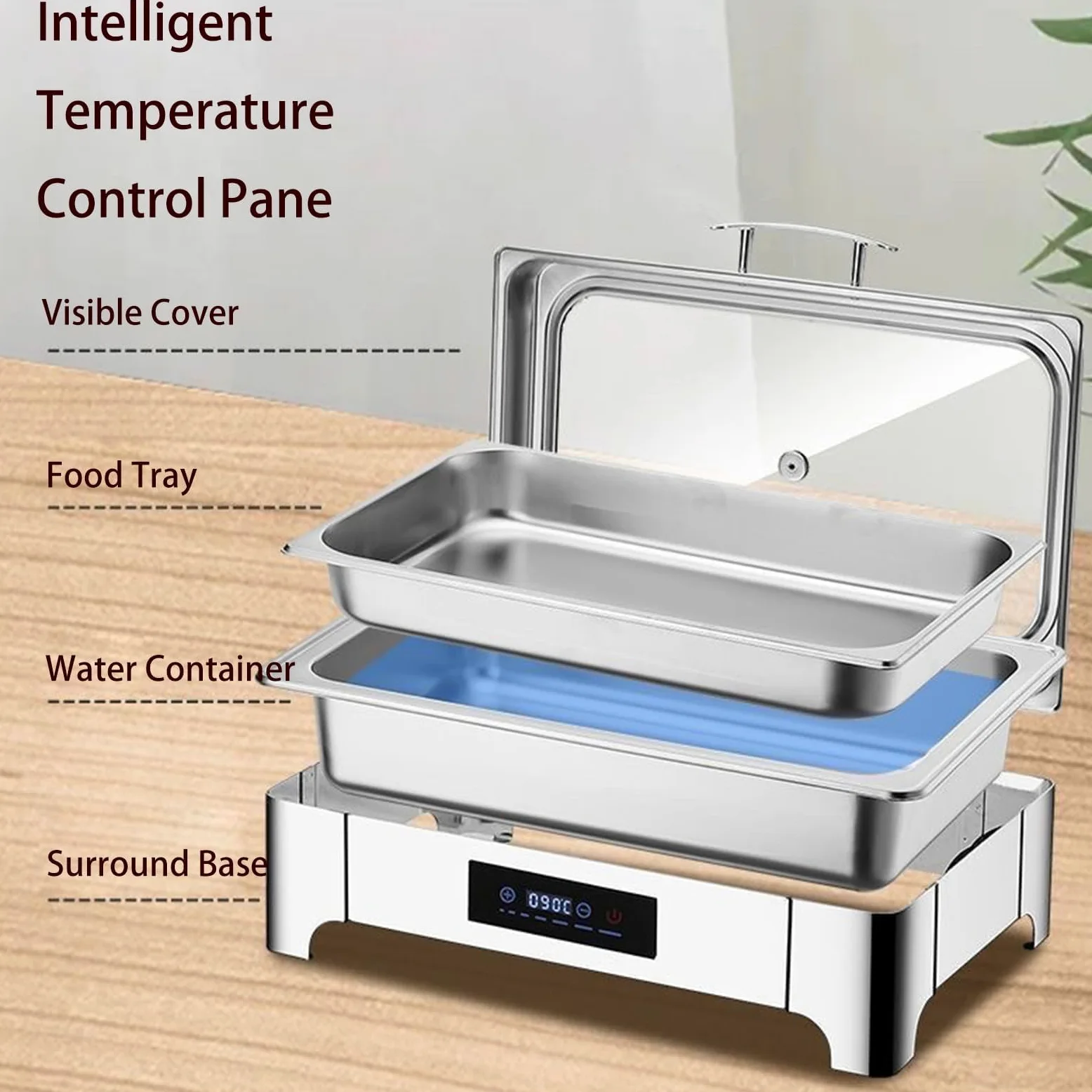 Calentadores de alimentos de buffet con temperatura ajustable y tapa de vidrio para servir en la mesa