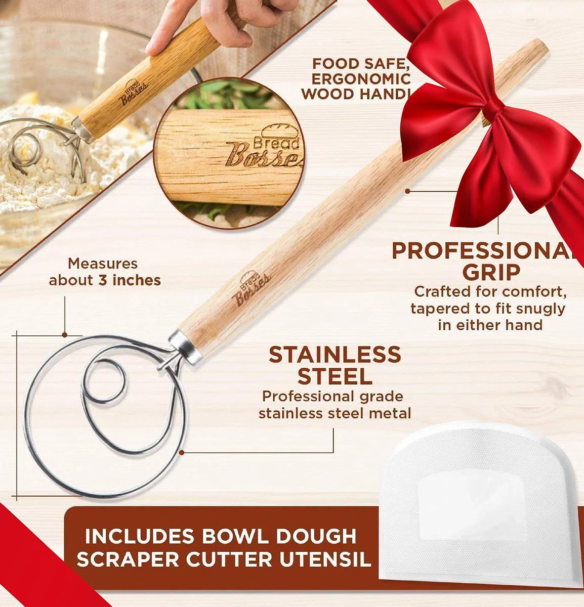 Bread Bosses Batidora de Pan para Masa danesa - Gancho para Hacer Masa de Pizza Holandesa Batidora de Pan Ganchos para batir Accesorios Wisks