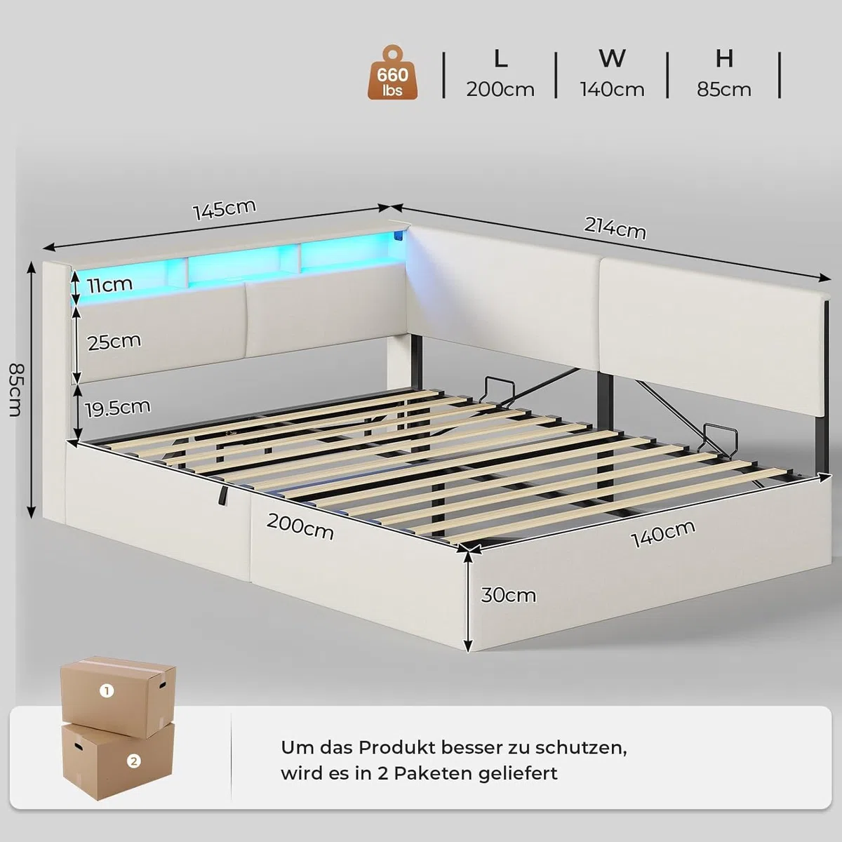 AOGLLATI Canapé 140x200 cm con Almacenamiento Hidráulico, Sofá Cama Matrimonio con Cabecero Tapizado y Luz LED Regulable, Estructura Camas Matrimoniales con Estación de Carga, Cama Juvenil, Beige