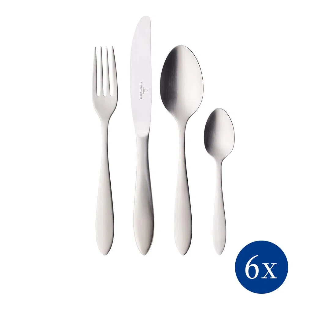 Villeroy & Boch - Arthur Set de Cubiertos 24 Piezas Plata, Apto para Lavavajillas, Cubertería Acero Inoxidable, Cuberterías Completas 6 Personas Platino, Set Cubiertos, Acero Inoxidable