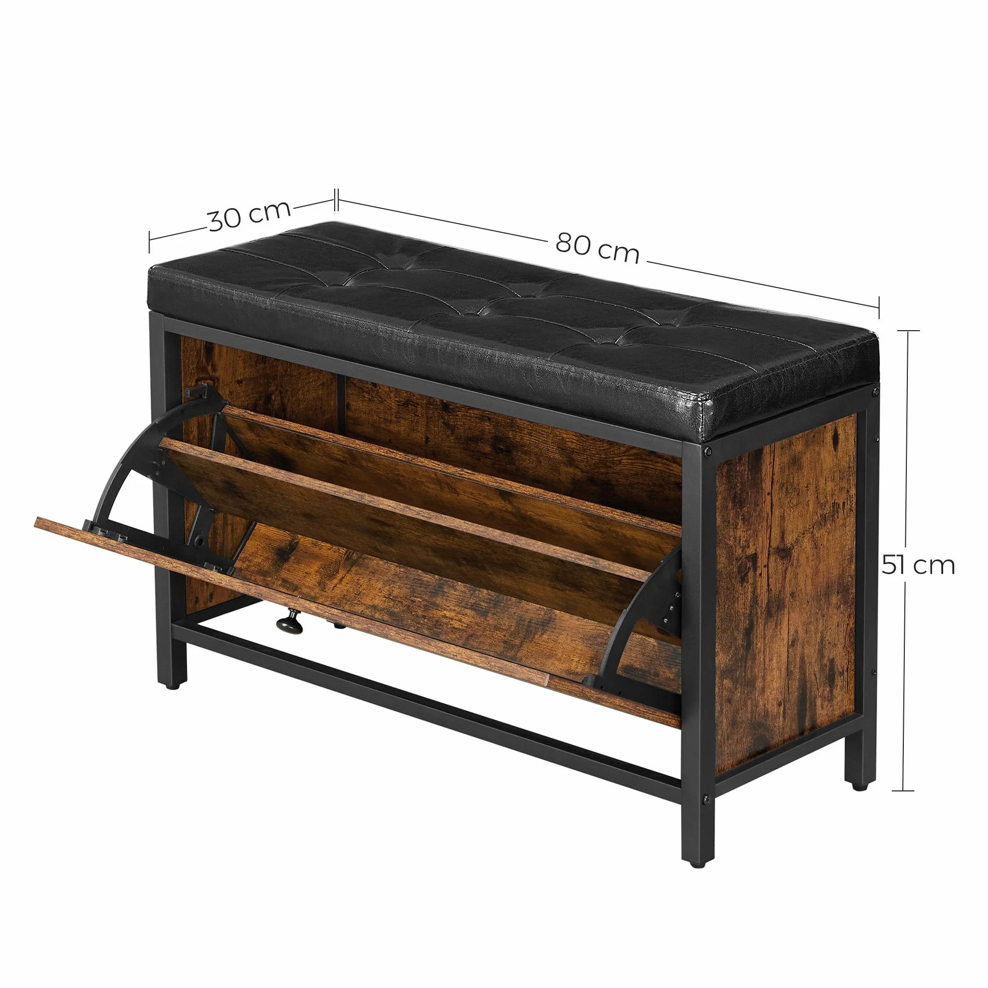 VASAGLE Banco Zapatero, Banco tapizado para Zapatos, con cajón, 2 Filas para 6 Pares de Zapatos, Estructura de Acero, Industrial, Marrón Rústico y Negro LSB049B01