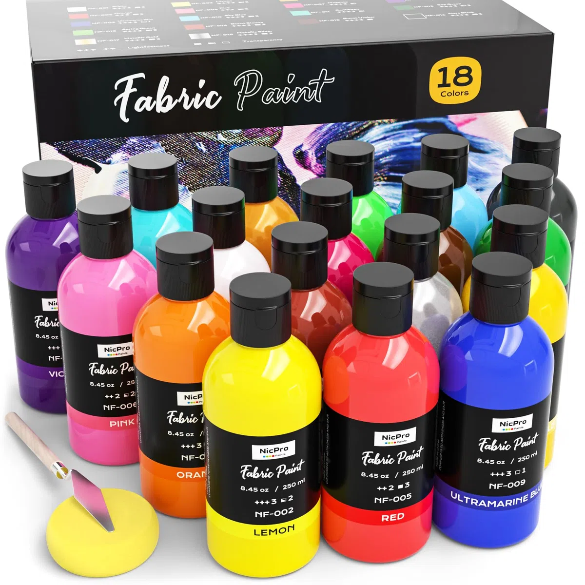 Nicpro 18 colores pintura textil permanente y lavable (250 ml/botella). pintura para tela suave para ropa, no tóxica, ideal para manualidades, camisetas, zapatos, jeans, bolsos y lienzos