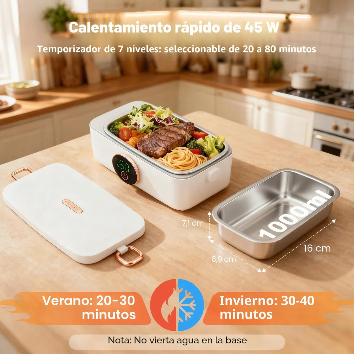 Fiambrera eléctrica con batería 16000mAh 1L Fiambrera calefacción inalámbrica para adultos función de calentamiento automático, Fiambrera calefacción por USB, Contenedor interior de acero inoxidable
