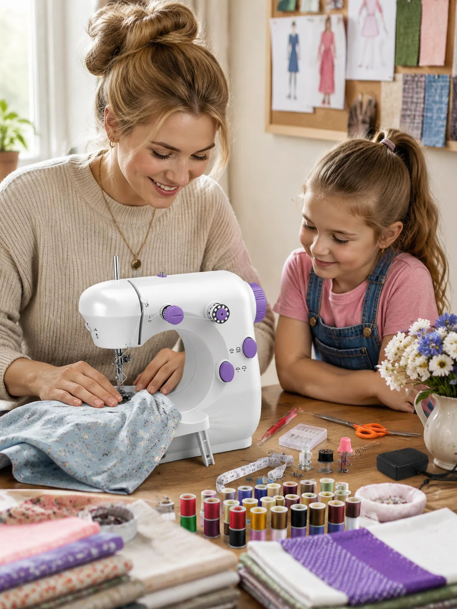 BRICH Máquina de coser eléctrica portátil con mesa extensible, pedal y 2 velocidades, juego completo de costura para niños y adultos, ideal para manualidades, ropa y viajes
