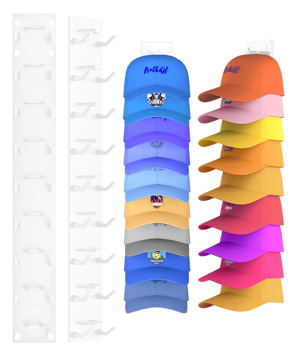 Eanyiikick Paquete de 2 organizadores de sombreros para gorras de béisbol, ganchos para sombreros para pared con capacidad para hasta 18 sombreros (blanco)
