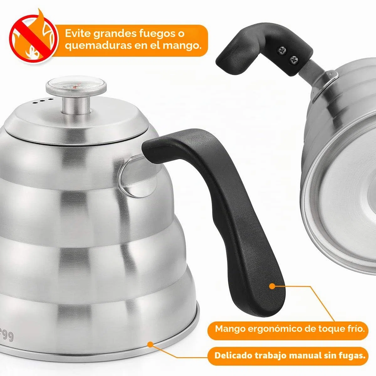 1.2 L Hervidor de Agua con Cuello de Cisne de Acero Inoxidable, Hervidor de Agua con Termómetro para Placas de Gas e Inducción, Gooseneck Kettle para Preparar Té y Café, Plata