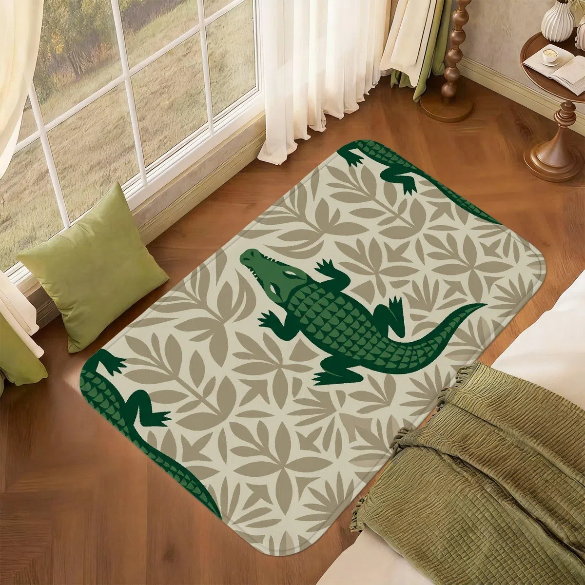 Alfombra de área de cocodrilo, diseño tropical de hojas naturales, sin esponja de pelo bajo, suave, rectangular, resistente a las manchas, para sala de estar, dormitorio, aula, decoración de